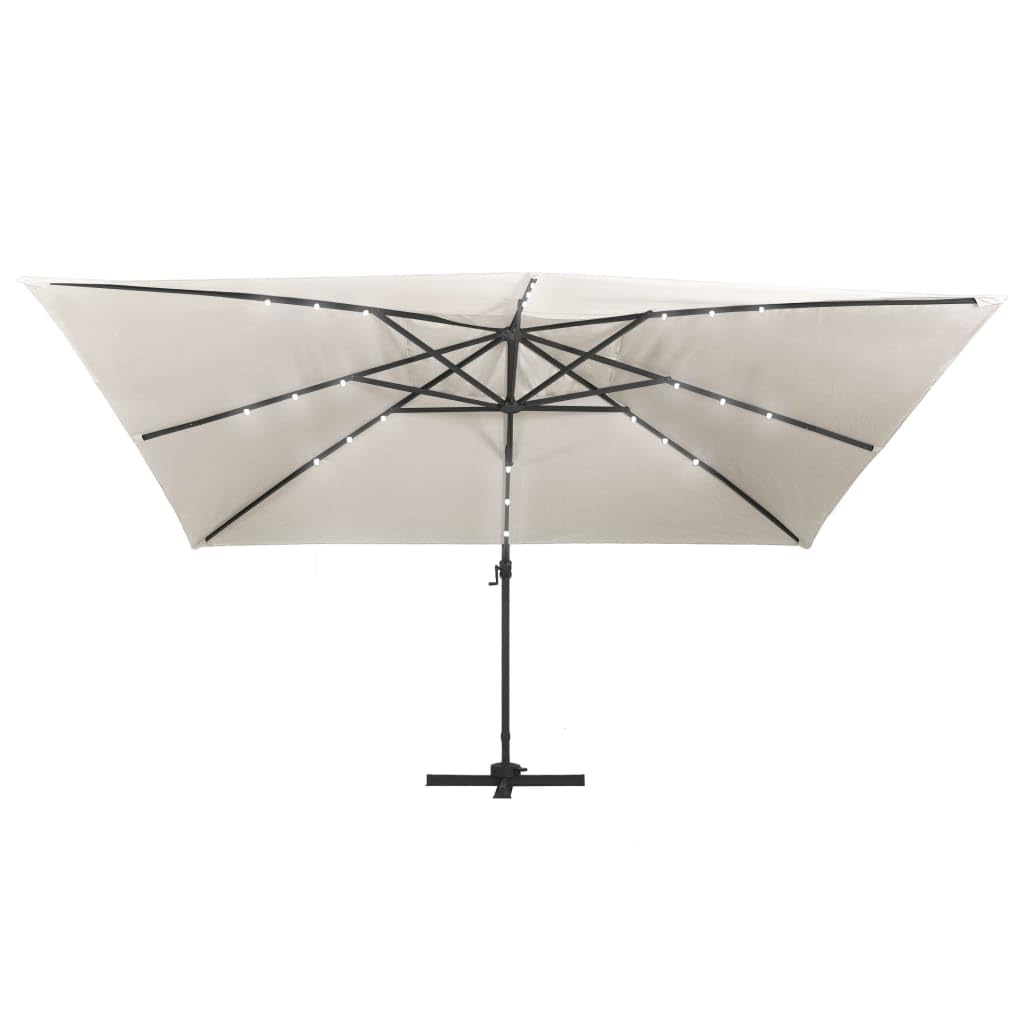 Homgoday Sombrilla voladiza Luces LED y Poste Aluminio Arena 4x3 m Sombrilla de Jardín,Protección UV Sombrilla Jardín Grande Orientable Jardín Parasol Balcón