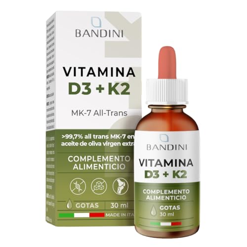 Bandini® Vitamina D3 + K2 en Gotas y en Aceite de Oliva Virgen Extra EVO, Vitamines D3 Colecalciferol + Vit K2 MK-7 Menaquinona 99,7% 100 mcg por Gota, con práctico Gotero, Vitamina D y K Liquida