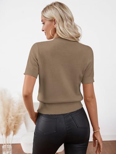 Image of Libsorge Womens Lightweight Slim Fit Short Sleeve Sweaters Spring Summer 2025 Clothing Trendy Business Casual Dressy Teacher Outfits Cropped Ribbed Knit Crew Neck Sheer T Shirt Top Coffee Brown XS