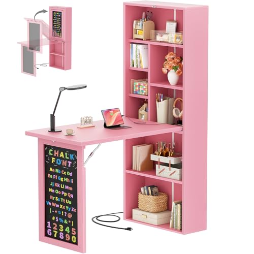 Armocity Small Folding Desk with Outlets, Convertible Writing Desk for Small Spaces/Home Office/Craft Room, Multi-Function Desk Workstation with Blackboard, Fold-Out Cabinet Table, Pink