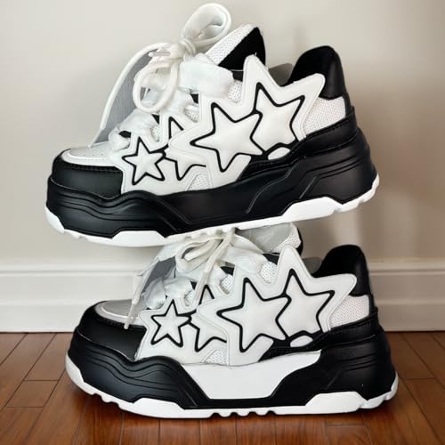 Women Chunky Sneakers, Star Decor Dad Shoes, Unisex Couples Girls Oversize Thick Sole School Casual Wear Lace-Up Mesh Upper4