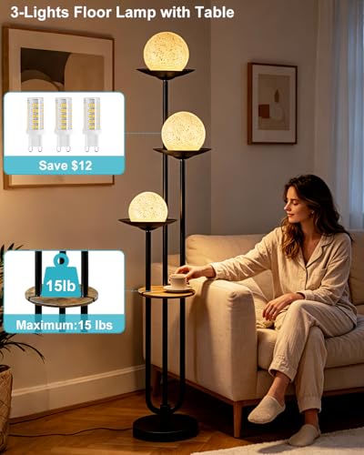 Image of Lightdot Globe Floor Lamp with Shelf 3-Lights Modern Dimmable Floor Lamps for Wedding /Party, 3000K Warm White Bulbs Included, Black Tall Standing Lamp with Grey Shade for Living Room /Bedroom