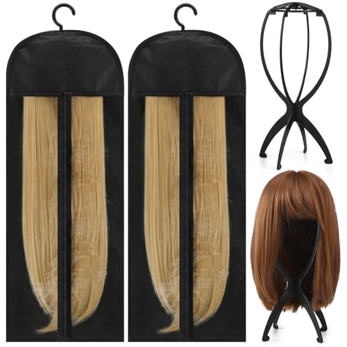 ProSuites 2 Pack Travel Wig Stand with 2 Pcs Longer Wig Storage Bags, Wig Holder Dust Cover Bag for Bundles, Wigs, Extensions, Tools - Wig Party Kit for Salon Home Use