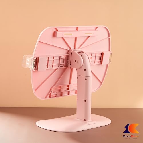 Image of 1 Compartment Portable Adjustable Tablet Holder with Folding Hands Rotatable Book Stand Holder for Reading - Ideal for Cookbooks, Sheet Music, and More - Textbook Holder Organizer (Pink)