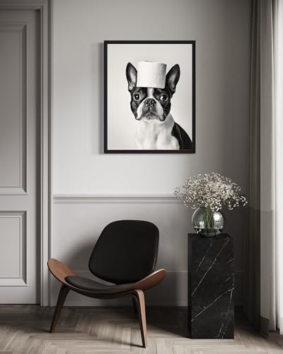 Image of Boston Terrier Funny Bathroom Black Framed Wall Art Print Poster, Dog Pet Lover Picture Painting Artwork Bedroom Living Room Office Dining Room 150D (Boston Terrier Funny Bathroom, 10 inchL x 8 inchW, Black Frame)