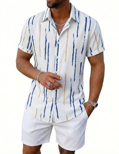 Image of Yimoon Men's Summer 2 Piece Outfits Tropical Print Short Sleeve Button Down Hawaiian Beach Shirt and Shorts Set