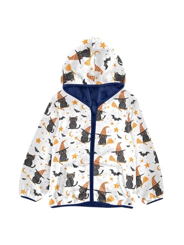 Halloween Hat Cat and Moon Star Girls Fleece Jacket Girls Fall Jacket Boys Coats Zip Up Hoodie Children Outerwear 2-10T