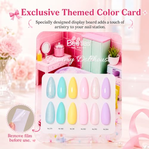 Image of Beetles Pastel Gel Polish Set - Dreamy Dollhouse 6 Colors Hema-Free 15ML Full Size Gel Nail Kit Spring Pink Yellow Blue Glitter Shimmer Soak Off UV LED DIY Gel Nail Art Gifts for Women