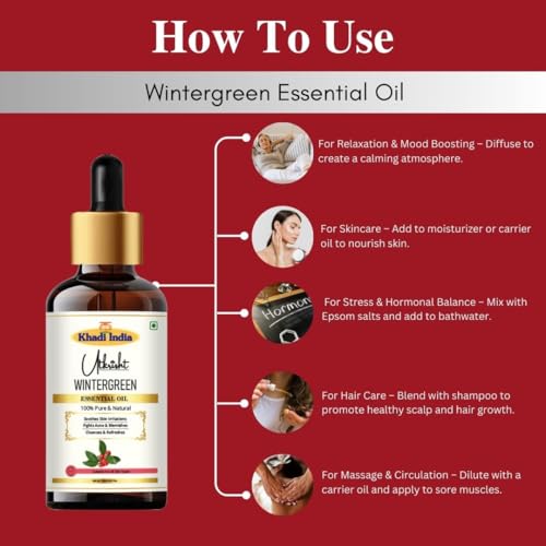 Image of Khadi Wintergreen Essential Oil 15ml | Pure & Natural Oil for Aromatherapy, Skin Care, Muscle, Joint Massage, Deodorising, Relaxation | Suitable for All Skin Types | For Men & Women