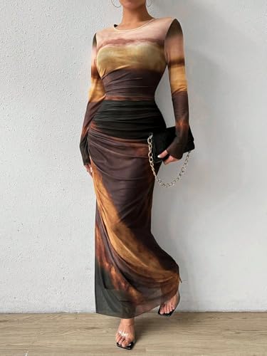 Image of LIGHT DOT Women's Printed Bodycon Maxi Dress Long Sleeve Tie Dye Mesh Ruched Cocktail Dress