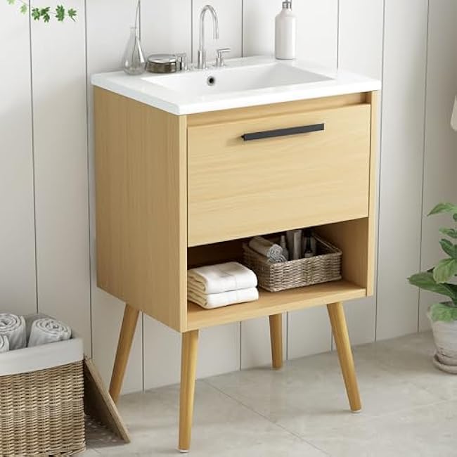 Efficient Bathroom Storage with 24 Vanity and Sink Combo, Solid Wood & MDF Construction, Natural Finish
