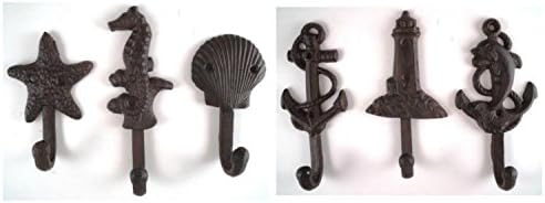 Lighthouse Dolphin Anchor Starfish Seahorse Shell Cast Iron Nautical Hooks Set
