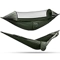 G4Free Large Camping Hammock with Mosquito Net 2 Person Pop-up Parachute Lightweight Hanging Hammocks Tree Straps Swing Bed for Outdoor Backpacking Backyard Hiking (New Army Green)
