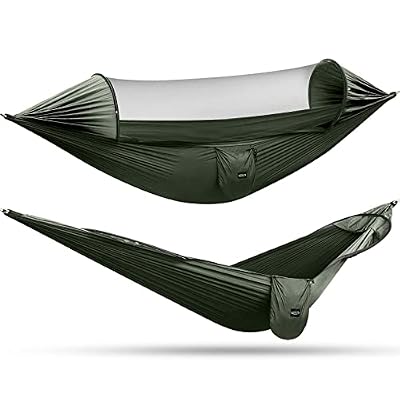 G4Free Large Camping Hammock with Mosquito Net 2 Person Pop-up Parachute Lightweight Hanging Hammocks Tree Straps Swing Bed for Outdoor Backpacking Backyard Hiking (New Army Green)