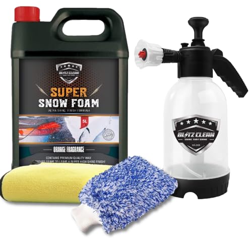 Snow Foam Plus 2L Pump up Snow Cannon Full Kit Inc Mitt & Drying Cloth Wash Detailing Valeting Kit For Car Van Caravan 5L Super Thick Pre Wash Pressurised Snow Cannon Lance (Orange)