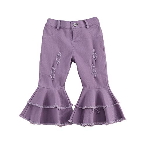 Toddler Baby Girl High Waist Denim Ripped Jeans, Solid Bell Bottoms, Long Flare Leggings Trousers Pants (Purple, 1-2 Years)