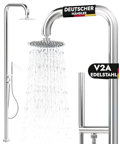 Gartendusche Edelstahl Außendusche V2A / 304 rostfrei Pooldusche Warm- und Kaltwasser Edelstahl Handbrause & 20cm Edelstahl Regendusche restentleert = winterfest Sauna Dusche Garten (Silber)