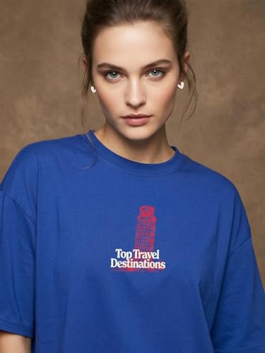 Image of JUNEBERRY Pure Cotton Oversized Drop Shoulder T-Shirt for Women | Front & Back Print, Half Sleeve, Baggy Fit, Round Neck | Sizes S-XXL