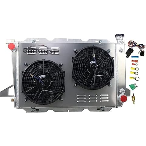 COOLINGBEST 4 Row Aluminum Radiator Replacement for 1985-1996 Ford F150 F250 F350 Bronco L6 Radiators Electric Fan Shroud Thermostat Kit Combo 1986 1987 1988 1989 1990 1991 1992 1993 Cover