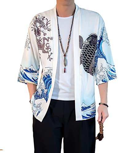 Image of PRIJOUHE Men's Lightweight Kimono Jacket Seven Sleeve Open Front Cardigan Coat Japanese Style Bathrobe