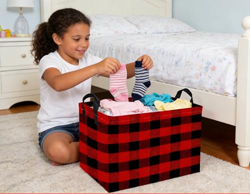 Image of Rectangular Kids Baskets Red grid Basket Cute Storage Bins Organizer Box Boys Room Decor for Home.(Red grid)