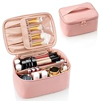 Travel Makeup Bag, Portable Cosmetic Bag with Makeup Brushes Organiser Large Capacity Toiletry Bags Holiday Essentials for Women, Pink