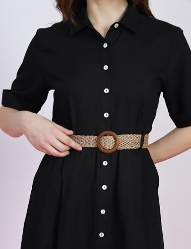 Image of FYLTR Women's Solid Midi Dress - 100% Cotton | Half Sleeve | Western Dress for Women | Office wear Dress (Belt Included)