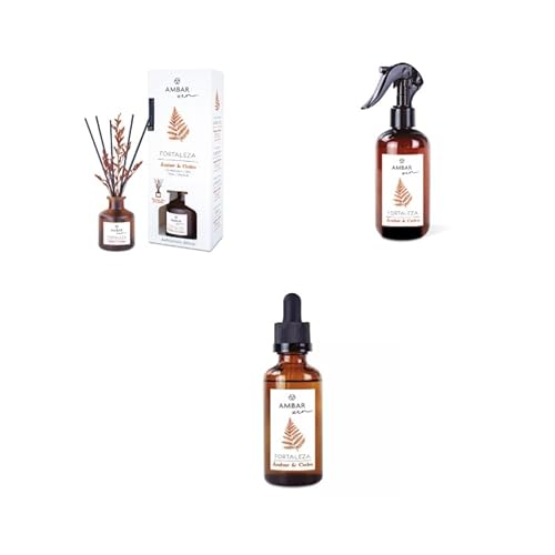 Pack de Aromatización Ámbar y Cedro - Spray 225ml,Esencia Humidificador 50ml y Mikado 40ml | Fragancia Premium para el Hogar Aromaterapia