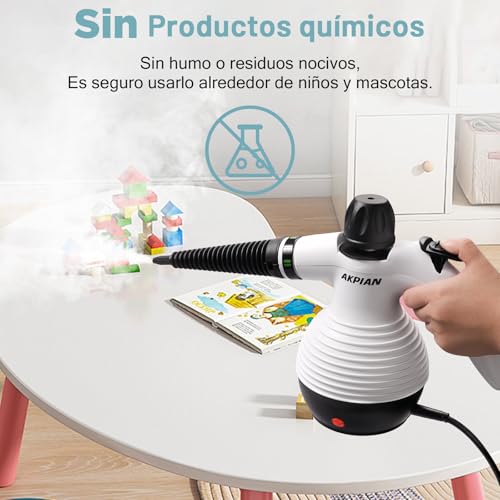 El limpiador a vapor portátil AKPIAN, un limpiador a vapor multiusos con bloqueo de seguridad y un juego de 10 accesorios, elimina eficazmente la suciedad y la grasa. - imagen 3