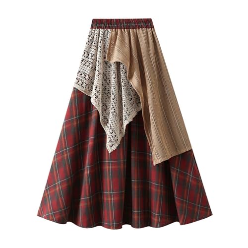 Womens Plaid A-Line Skirt Irregular Lace Patchwork Skirts Elastic High Waist Pleated Skirt Asymmetrical Midi Skirts