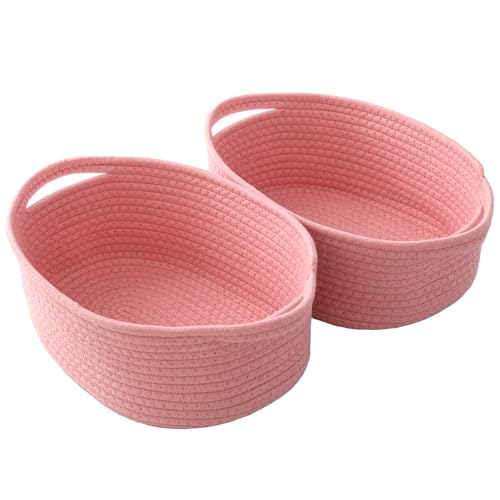 Image of JMvicyroam Small Woven Basket, Empty Gift Basket, Pink /2 Pack | Small Gift Basket, Cotton Rope, 12 x 8 x 43 in, Handles, Includes Ribbon and Bag, Birthday Gift Basket