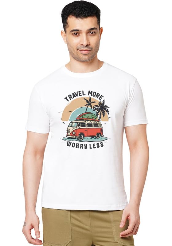 Image of Wear Your Opinion Men's Premium Cotton Printed Round Neck T-Shirt (Design: Travel More Worry Less)