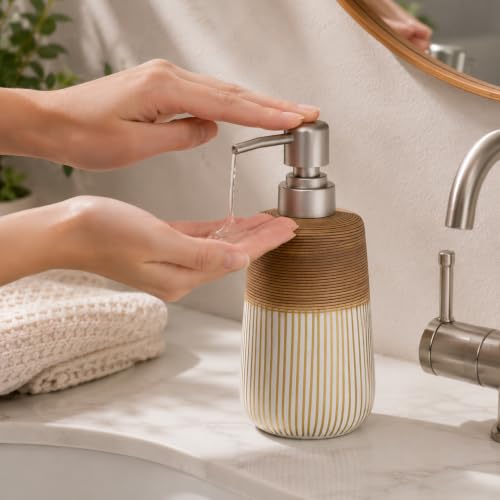 Image of 2 Pcs Ceramic Soap Dispenser Set, 16 Oz Refillable Liquid Soap Dispensers with Embossed Texture for Bathroom Countertop and Kitchen Sink, Hand Soap, Dish Soap & Lotion Bottles, Modern Home Decor