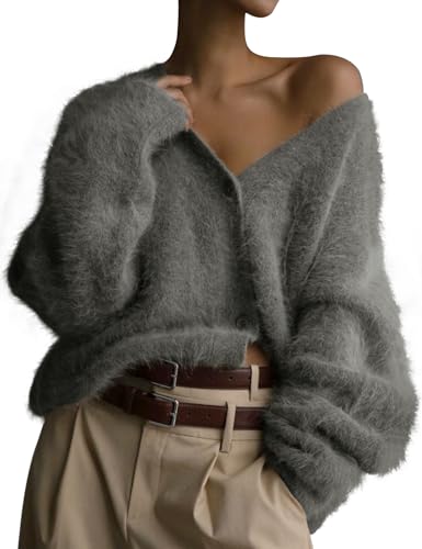 Image of COZYPOIN Womens Fuzzy Cardigan Sweater V Neck Button Down Soft Knit Coat | Loose, Comfy, Slouchy Drop Shoulder, Long Sleeve Fluffy Mohair, Warm, For Daily Work Holiday, Spring Fall Winter Fashion