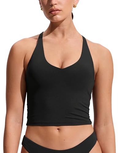 CRZ YOGA Criss Cross Back Tankini Tops for Women - Padded V Neck Bathing Suit Crop Swim Tank Black Medium