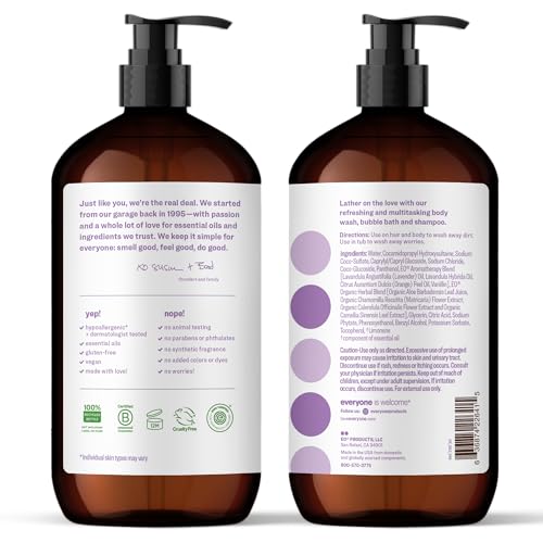 Image of Everyone 3-in-1 Soap, Body Wash, Bubble Bath, Shampoo, 32 Ounce (Pack of 2), Vanilla and Lavender, made with Essential Oils for Men and Women | Sulfate-free | essential oils | body wash + shampoo + bubble bath | men & women | bulk 2-pack | vanilla lavender