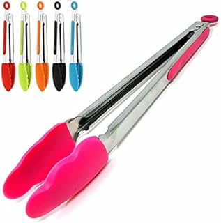 A 2 Z Silicone Tongs Heat-Resistant Heavy Duty Smart Locking Easy Grip Stainless Steel Cookware Tong for Food Serving Cooking Grill Barbecue Pasta Salad Buffet Home Red(1 Pack 12 Inches),BG-2022