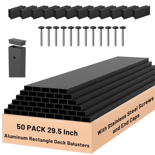ZONEGRACE 50 Pack 29.5" Black Rectangular Aluminum Deck Balusters with End Caps & SS Screws, Powder Coated Metal Railing Pickets for Deck Porch Stair Balcony