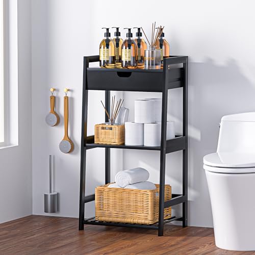 POXAKA 3 Tier Bamboo Bathroom Shelves with Drawer, Ladder Shelf for Bathroom Storage, Space-Saving Design, Stylish Display Nightstand, Stylish Storage Solution for Home, Living Room, Kitchen, Office - image 2