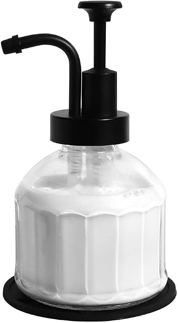 8 Oz Glass Soap Dispenser for Kitchen and Bathroom Countertop, Smooth Action Pump Refillable Wash Hand Liquid, Dish Detergent, Farmhouse Style with Cylindrical Shape Shampoo Lotion Pump
