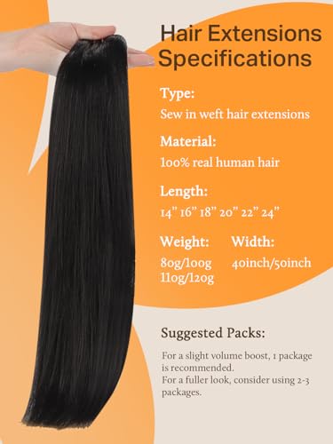 Image of DOORES Sew in Hair Extensions Real Human Hair, Natural Black 16 Inch 80g Natural Straight Bundles for Women