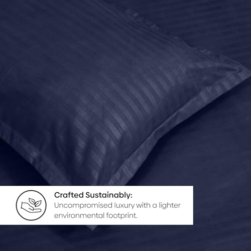 Image of Rivermoor Ultrasoft Bedsheet for Double Bed | Queen Size Bed Sheet with 2 Pillow Covers | Navy Blue Satin Stripe | 90 x 98 Inches | Breathable & Hypoallergenic