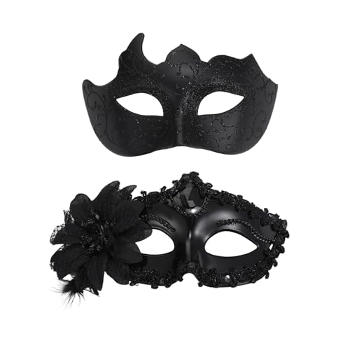Masque de bal masqué pour couple noir et élégant avec dentelle et fleur en paillettes