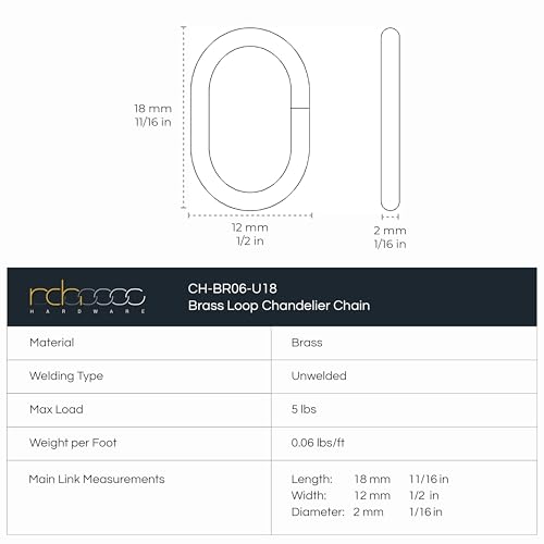 Image of RCH Hardware CH-06-PN-3 Decorative Solid Brass Chain for Hanging Light Oval Unwelded Links-Polished Nickel Finish (3 ft /1 Yard)