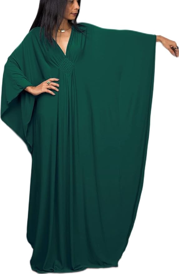 Image of RanRui Caftans for Women Solid Color Chiffon Plus Size Kaftan Dresses Beach Cover Up V Neck Batwing Sleeve Caftans Loungewear
