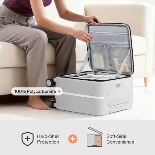Image of mixi 17x14x9 Carry On Luggage Underseat PC Hard Shell Suitcase Top Opening Aluminum Frame Travel Suitcases with Wheels, Smoke White