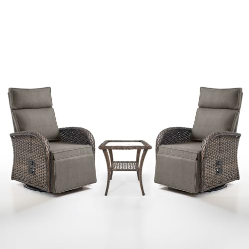 Dual-Adjust Swivel Outdoor Recliner Chair Set of 3 - Reclining Patio Chair with Adjustable Backrest and Footrest, All-Weather Wicker Chaise Lounge Outdoor with Side Table for Pool Deck Brown