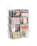 UMDONX 4 Pack Chest Freezer Baskets Organiser Storage Boxes - Stackable Kitchen Wire Rack for 198L Deep, Pantry Metal Shelf with Fold down Handle White
