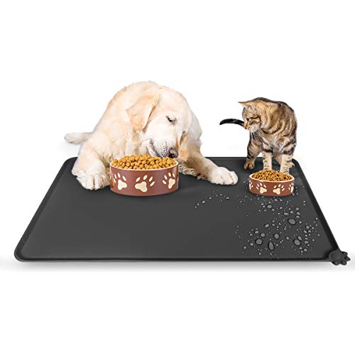 Silicone Dog Food Mat Waterproof Pet Feeding Mat Cat Water Bowl Mat Non-Slip Pet Safety Grade Silicone with Raised Edges Easy Clean Collect Food and Water Spills for Small and Medium Pets (Black)