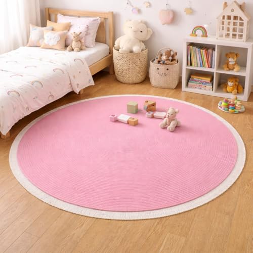 Image of Cotton Round Carpet 3x3 feet - Handmade Braided Boho Rug for Living Room, Bedroom & Balcony - Soft Washable Floor Mat, Color -Pink